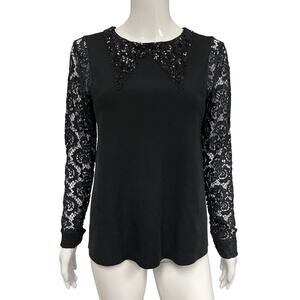 SONIA RYKIEL Black Knit Sequin Accent Lace Long Sleeve Sweater Top Size S